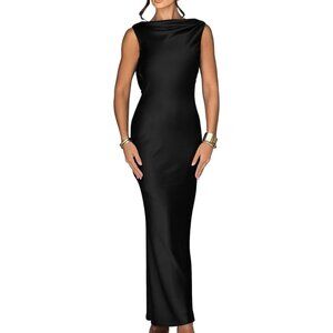 Women's Black Elegant Sleeveless High Neck Tie Cocktail Wedding Party Maxi